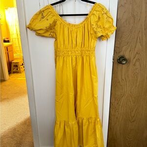 yellow off the shoulder maxi dress